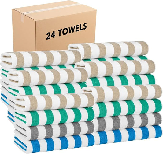 Arkwright California Cabana Stripe Beach Towel Bulk - Case of 24, Large Soft Quick Dry Cotton Terry Towels Set for Pool, Swim, and Hot Tub, Oversized 30 x 70 in, Multiple