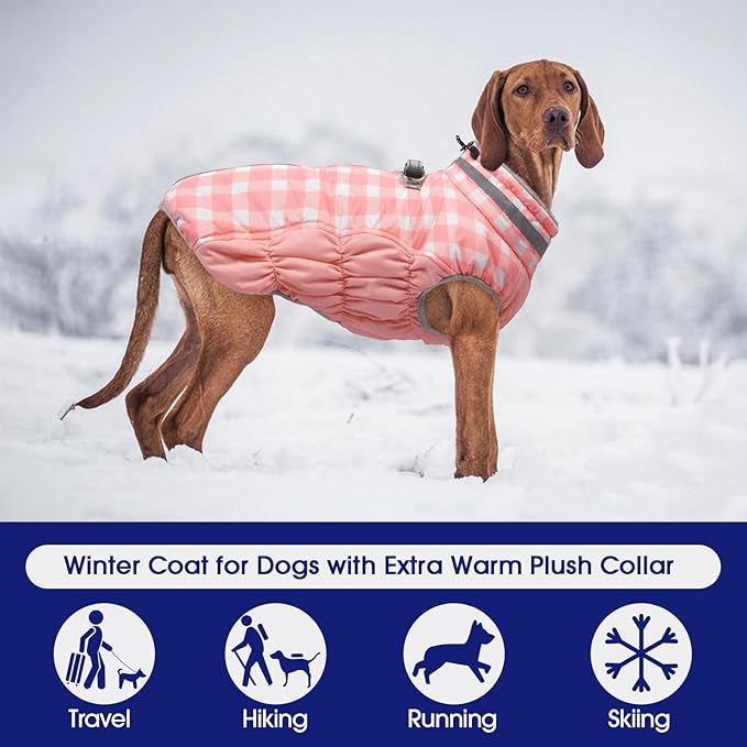 FUAMEY Dog Coat for Medium Dogs,Waterproof Dog Winter Jacket with Harness Built in Puppy Cold Weather Coats Reflective Pet Vest with Zipper Warm Fleece Dogs Snowsuit Windproof Pink Plaid M