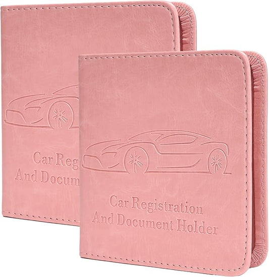 2-Pack Registration and Insurance Card Holder, Vehicle Glove Box Car Organizer with Magnetic Closure, Interior Pink Car Accessories for Documents, Cards, License Storage