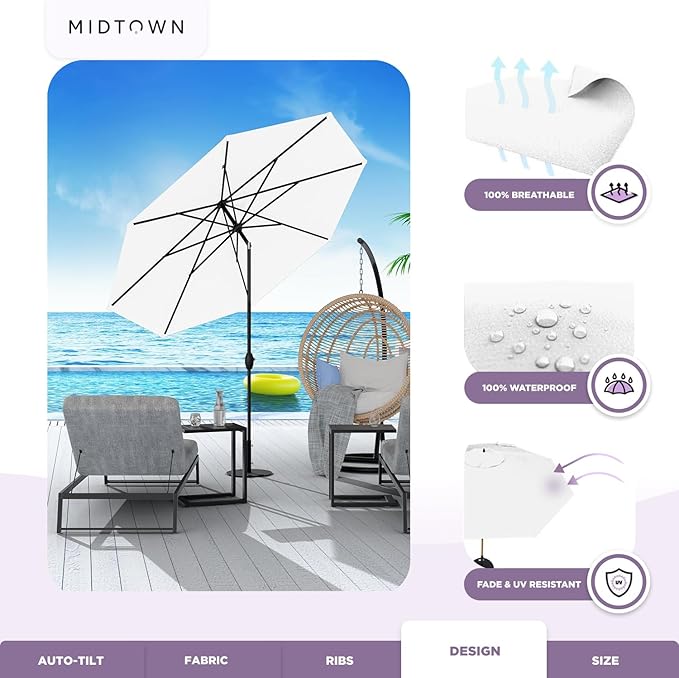 Midtown Umbrellas 10-Year-No-Fade - 6 Ft - UV Proof White Polyester Fabric - Umbrella Outdoor Patio, Auto-Tilt Aluminum Frame Large Patio Umbrella for Garden, Pool & Deck - Black Pole