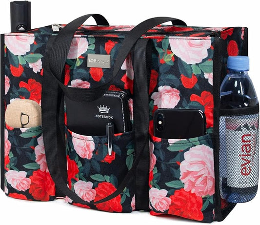 TOPDesign Utility Water Resistant Tote Bag with 13 Pockets, Top Zipper Closure & Thick Bottom Support, for Working Women
