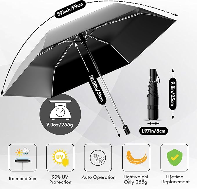 Automatic Mini Travel Windproof Folding Umbrella - UV Protection, Instant Open/Close for Rain/Sun, Small Compact Lightweight Design Fits in Tote Bag/Travel Case/Backpack for Commute, Women & Men