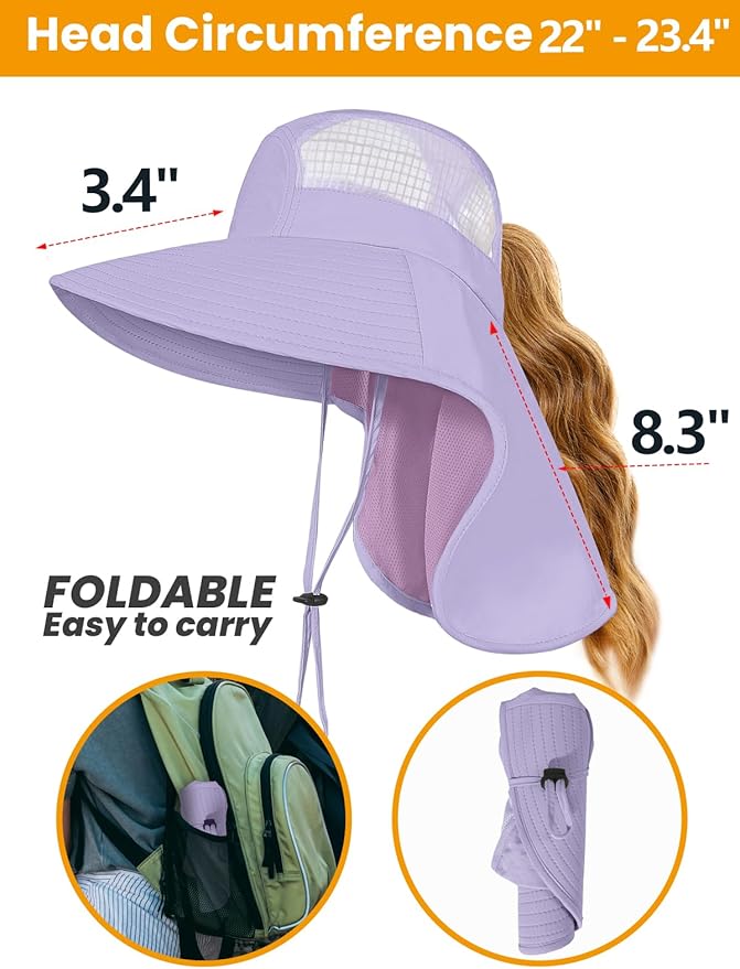 Sun Hats for Women UV Protection with Neck Flap Wide Brim Beach Hats with Ponytail Hole for Hiking Fishing Gardening Travel