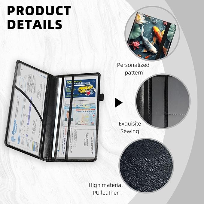 Car Registration and Insurance Holder PU Leather Vehicle Insurance and Registration Holders Wallet Case with Elastic Band Closure for ID Card, Driving Licence, Koi Fish and Lotus