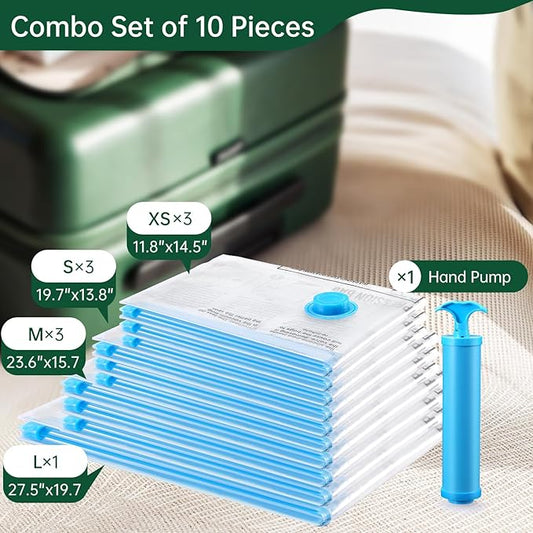 BRODI Travel Vacuum Bags With Pump - Compression Storage Bags for Space Saving & Luggage Essentials (10 Combo Pack)