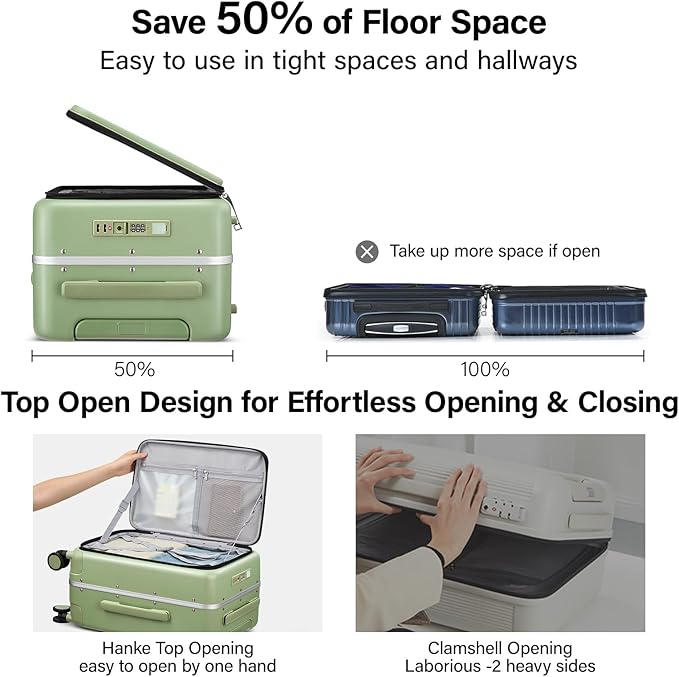 Hanke 24 Inch Luggage with Cup Holder and Charge,Top Opening Hard Shell Suitcases with Wheels and Dividers,Aluminum Frame Trunk Luggage Medium Checked Suitcase with Lock for Travel，Bamboo Green