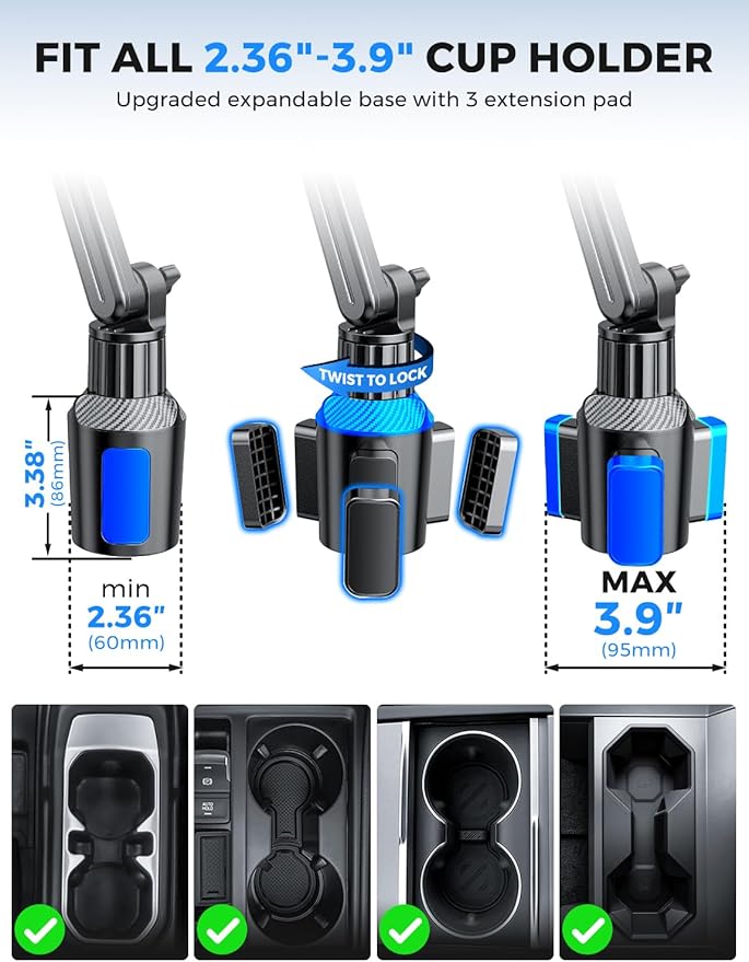 eSamcore Cup Holder Phone Holder, 15" Height Car Cup Holder Phone Mount Heavy-Duty Holders for Your Car Truck Cupholder with Expandable Base Fit for iPhone 17/16/ 15, 4.7”-7” Cellphone