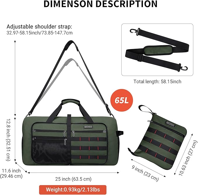 WITZMAN Foldable Duffle Bag for Travel 65L Lightweight Packable Duffel Bag with Shoes Compartment Overnight Bag for Men Women (B697 Army Green）