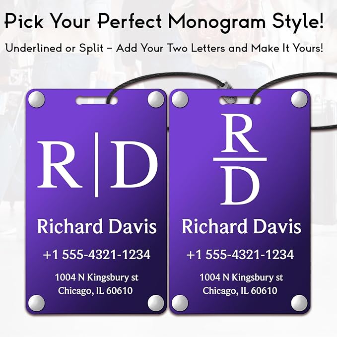 Personalized Luggage Tags for Suitcases - Monogram Style Aluminum Custom Luggage Tags for Backpacks & Bags, Sturdy, Waterproof & Heavy Duty (Purple/Card-Sized)