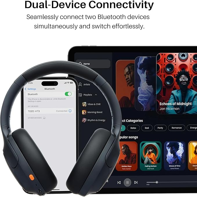 TOZO HT3 Hybrid Noise Cancelling Headphones, 90H Playtime Wireless Over Ear Bluetooth Headset, Spatial Audio AI Chat with 5 Mics, Supports Dual Connection and USB-C Input, with 32 EQ Music Modes