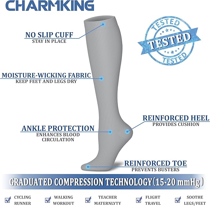 CHARMKING Compression Socks for Women & Men Circulation (8 Pairs) 15-20 mmHg is Best Support for Athletic Running,Cycling