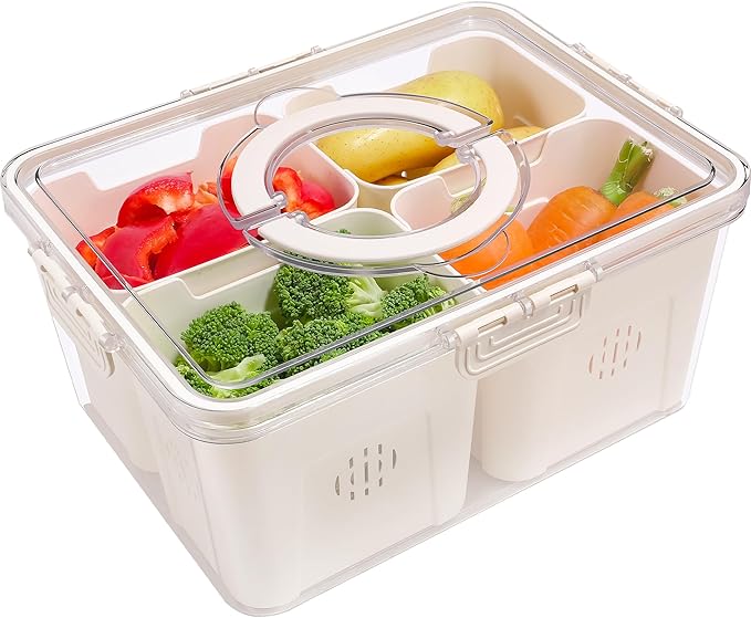 TAROSE Divided Serving Tray with Lid and Handle, Portable Snack Containers Snackle Box Snack Tray with Lid, Veggie Tray Charcuterie Boxes Fruit Tray Candy Organizer (4 Compartments)