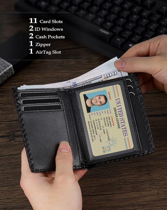 Swallowmall AirTag Wallet Mens RFID Blocking Genuine Leather Bifold Men's Wallet For air tag with 2 ID Window 11 Card Holders Vertical BlackStripe(Airtag Not included)