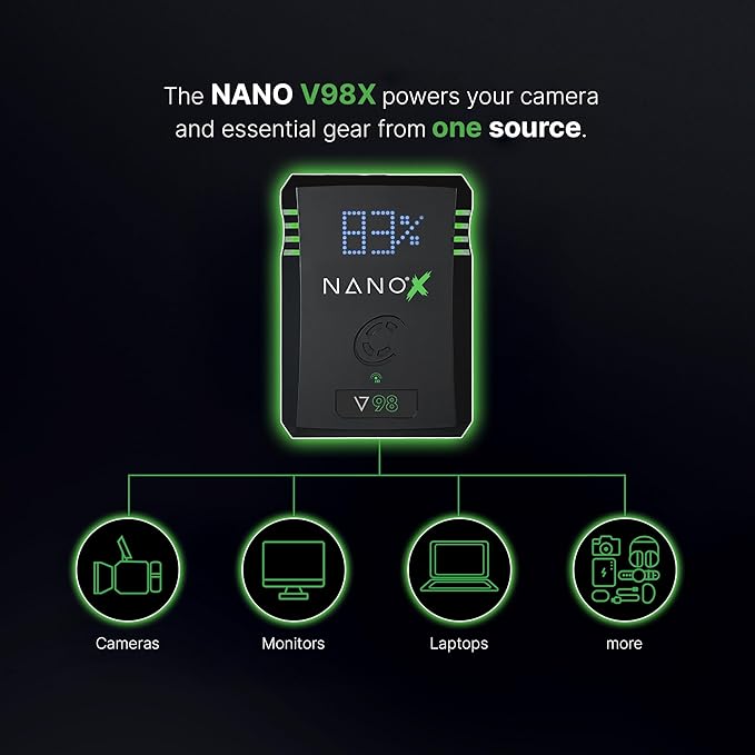 Core SWX NANO-V98X 98Wh Micro V-Mount Battery – Compact Lithium-Ion Pack with USB-C PD Input/Output, USB-A, P-Tap, 10A Load, 3.9hr Runtime (25W), for Cameras & Production Gear