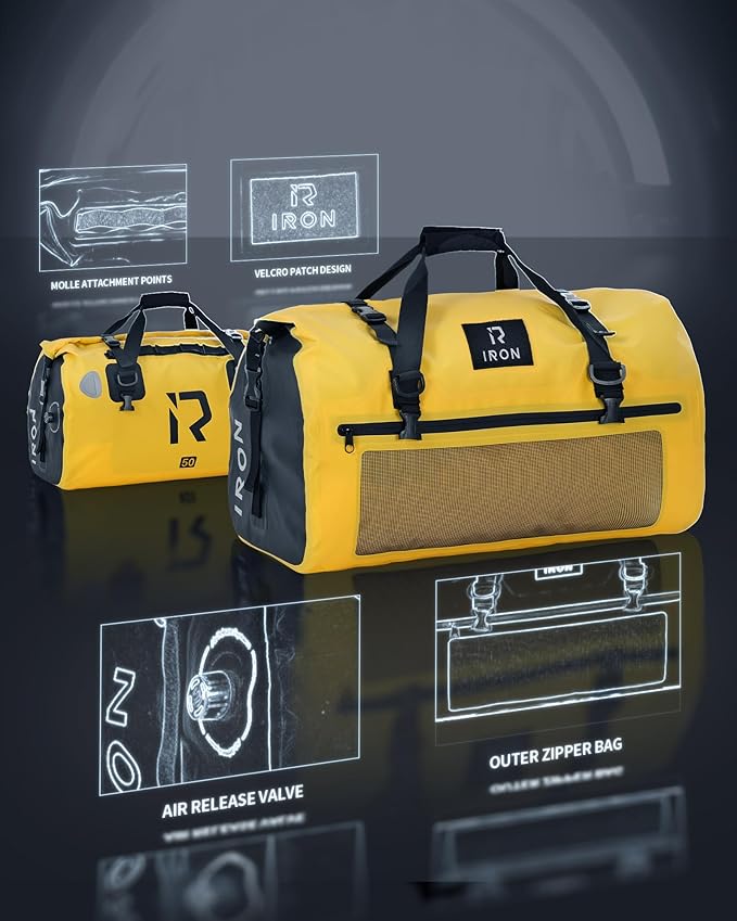 BORLENI Waterproof Motorcycle Dry Duffel Bag Luggage Tail Bag with Large Storage Space,Roll Top Closure, Shoulder Straps, Inner Pocket and Mesh Pocket for Motorcycling Travel Camping(Yellow,50L)