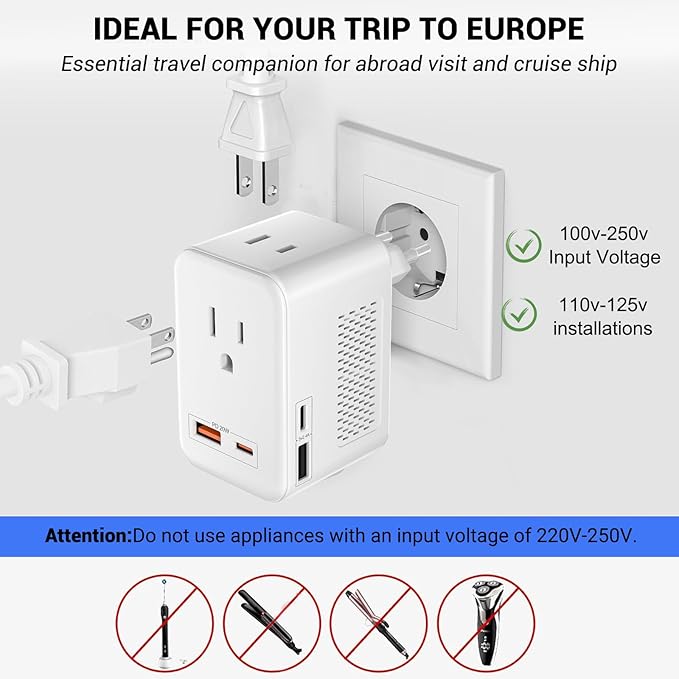 220V to 110V Voltage Conversion Plug Adapter for Traveling from USA to Europe with 2 USB and 2 USBC Ports PD 20 W, 2 AC Outlets International Power Adapter