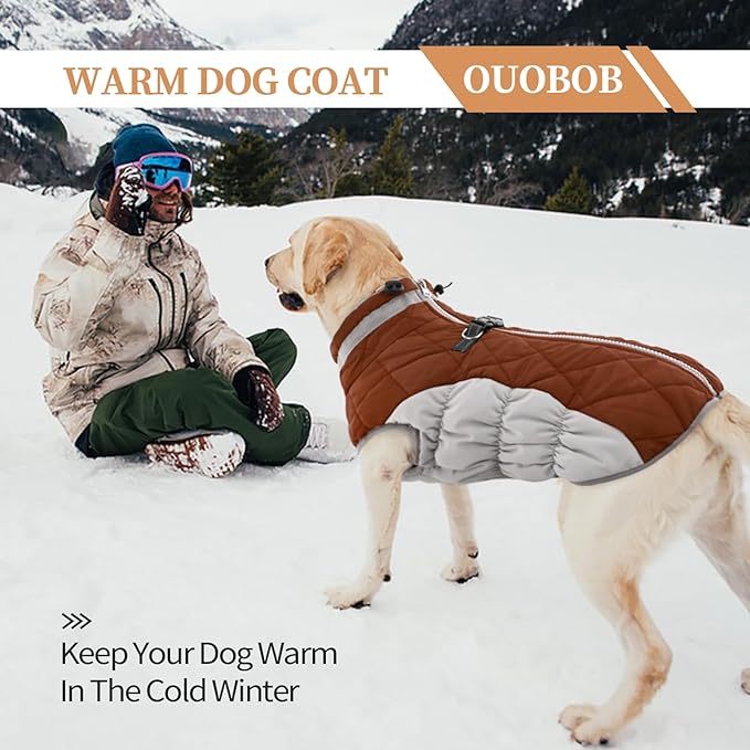 OUOBOB Dog Jackets for Medium Dogs,Medium Dog Coat,Warm Pet Winter Coat Zip Up Back,Waterproof Dogs Jacket with D-Ring,Pet Cold Weather Coats with Fleece Lined, Snowsuit Pug Boston Terrier,Brown,M