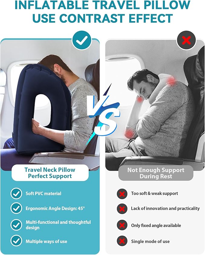 JefDiee Travel Pillow,Inflatable Airplane Pillow for Sleeping Comfortably Supports Head and Chin for Airplane,Car,Bus and Office