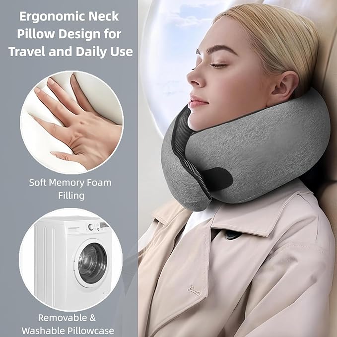 Memory Foam U-Shaped Travel Neck Pillow with Storage Bag, Great for Long Flights, Family Trips, and Offices, Comfortable Breathable Design (Dark Gray)