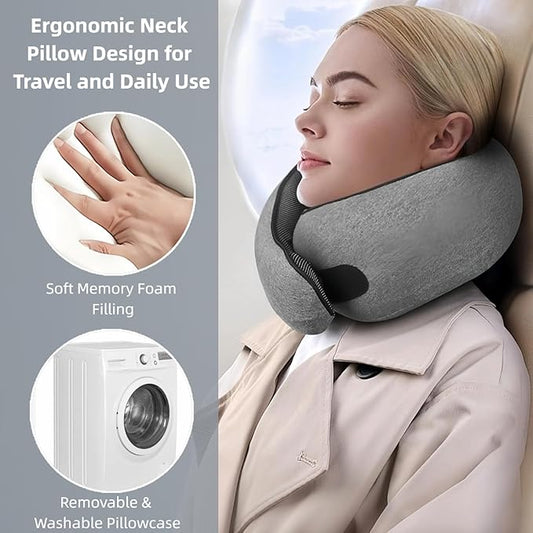 Memory Foam U-Shaped Travel Neck Pillow with Storage Bag, Great for Long Flights, Family Trips, and Offices, Comfortable Breathable Design (Dark Gray)