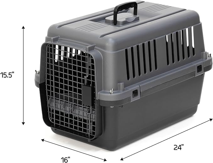 SportPet Airline Approved Wire Door Travel Dog Crate, Durable Plastic Pet Travel Kennel, Secure Latch, Collapsible, Food Bowls & Accessories, Fits Dogs up to 21" L & 13" H - Small - Gray/Black