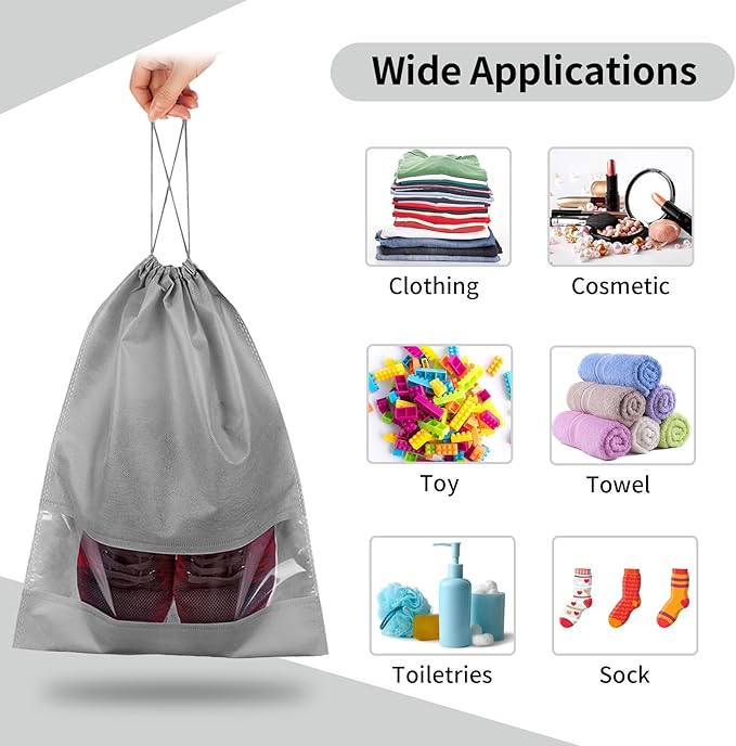 12 Pack Large Shoe Bags for Packing with Clear Window, Dustproof Drawstring Travel Shoe Storage Bags for Men & Women, Gray
