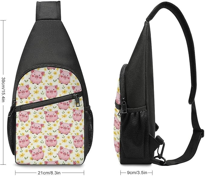 SWEET TANG Sling Bag Crossbody Backpack for Women Men, Breathable Multipurpose Satchel Bag Pink Pig, Anti Theft Funny Outdoor Daypack