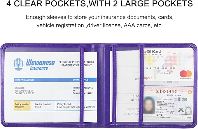 Car Registration and Insurance Holder, Leather Registration and Insurance Card Holder, Vehicle Glove Box Organizer - For Documents, Cards, License (Purple)