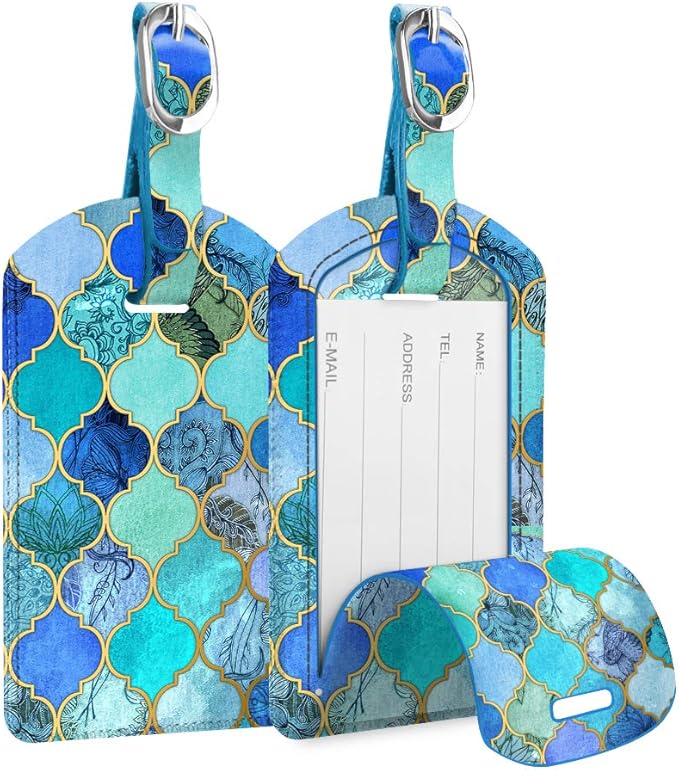 FINTIE 2 Pack Luggage Tags, Leather Name ID Labels with Privacy Cover for Travel Bag Suitcase, Theme - Cool Jade