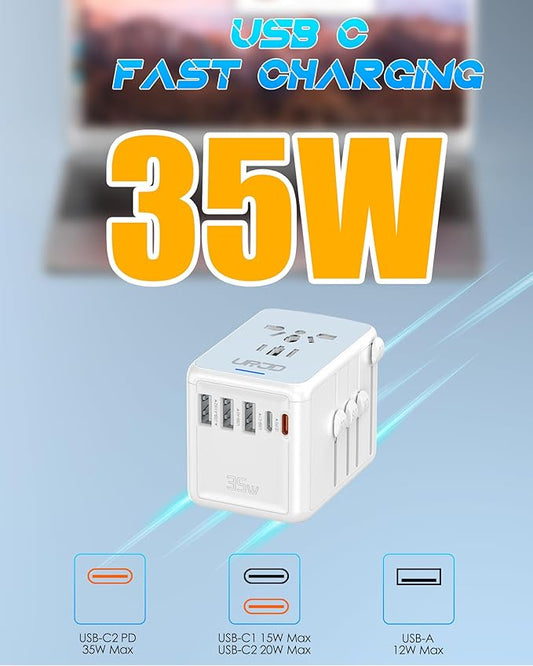 35W PD Universal Travel Adapter with 5 USB Ports and 2500W AC Outlets, PD Fast Charging International Plug Converter Travel Charger Multi Plugs All in One for EU US UK AUS 200+ Countries