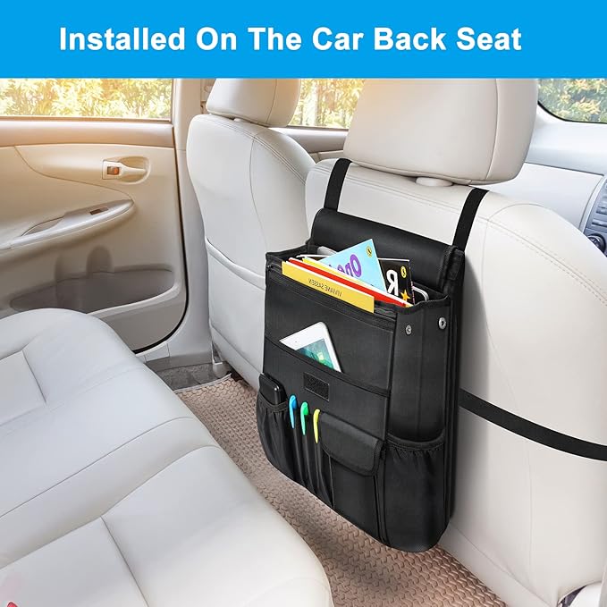 Car Front Seat Organizer| Efficient Car Organizers and Storage | Laptop,Tablet Pockets, Adjustable Straps,Kid-Friendly, Multi-Pocket, Cup Holders, Sturdy and Durable, Black