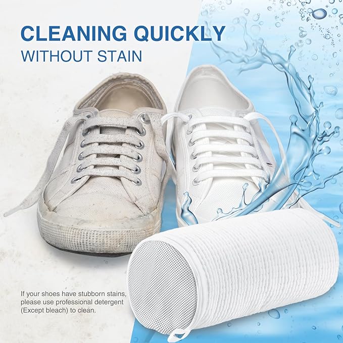 Shoe Washing Bag for Washing Machine, Fluffy Fibers Keep 360° Wrap-around Cleaning, Adjustable Shoe Trees, Durable Hidden Zipper Reusable Laundry Bag for Sneaker Gym Shoes White