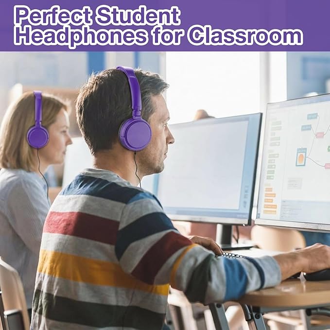 Yunsailing 18 Pack Classroom Headphones Bulk Student Wired Class Headphones Set for School with Individually Wrapped Adjustable Over Ear Head Earbuds (Purple)