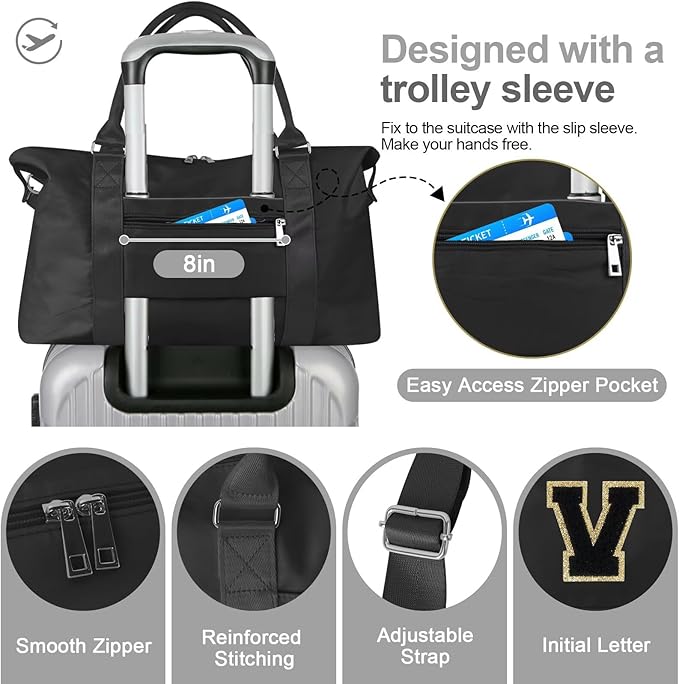 Dance Gym Duffel Bag for Teen Girls, Personalized Initial Travel Weekender Bag,Cute Overnight Carry On Duffle for Women,Sports Travel Cheer Bag,Monogram Christmas Gifts for Tween Preppy(black-V)