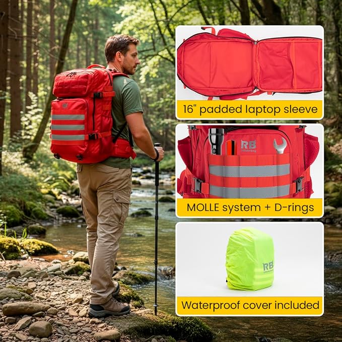 Xtreme 45L Tactical Backpack – Large Travel and Hiking Pack with 16 inch Laptop Sleeve, Stick Holder, Double Bottle Pockets, Recycled Fabric Shell, Rain Cover (Red)