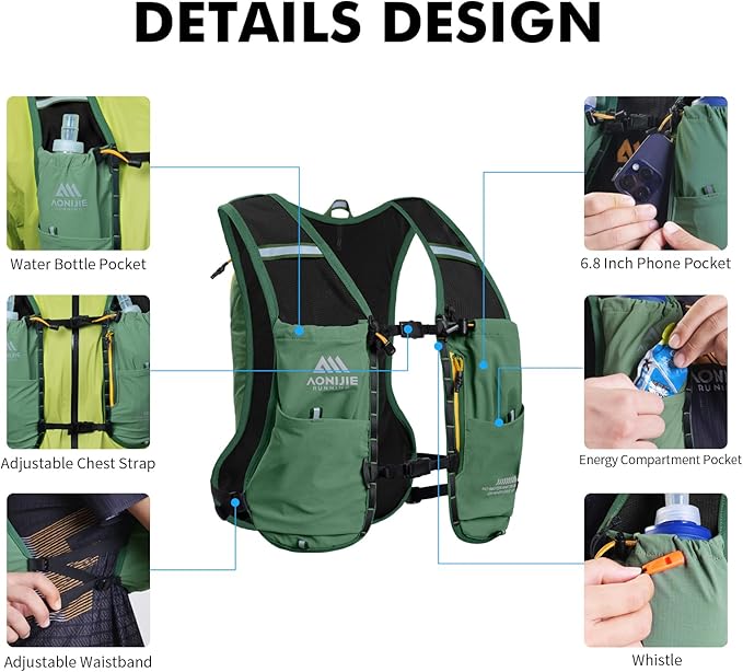 AONIJIE Running Hydration Vest for Men & Women, 8L Hydration Backpack, Multiple Pocket Designs for Water Bottles/Bladders, Lightweight Breathable for Hiking, Climbing, Marathon & Cycling - Green