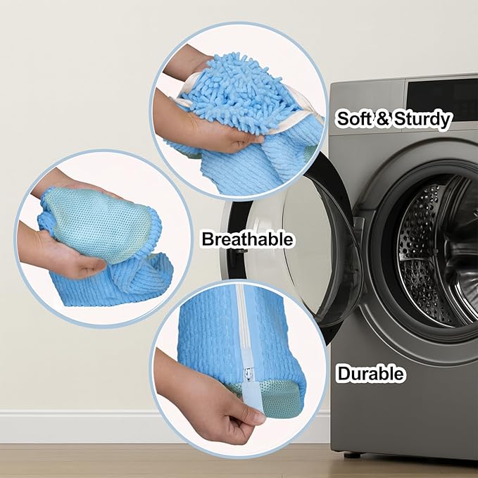 Shoe Washing Machine Bag, 4 Pcs Laundry Shoe Bags for Washer and Dryer with Chenille Liner, Large Reusable Mesh Bag for Sneakers, Gym, Tennis, Sports, Delicate, 2 Color Mix (Blue+Beige)