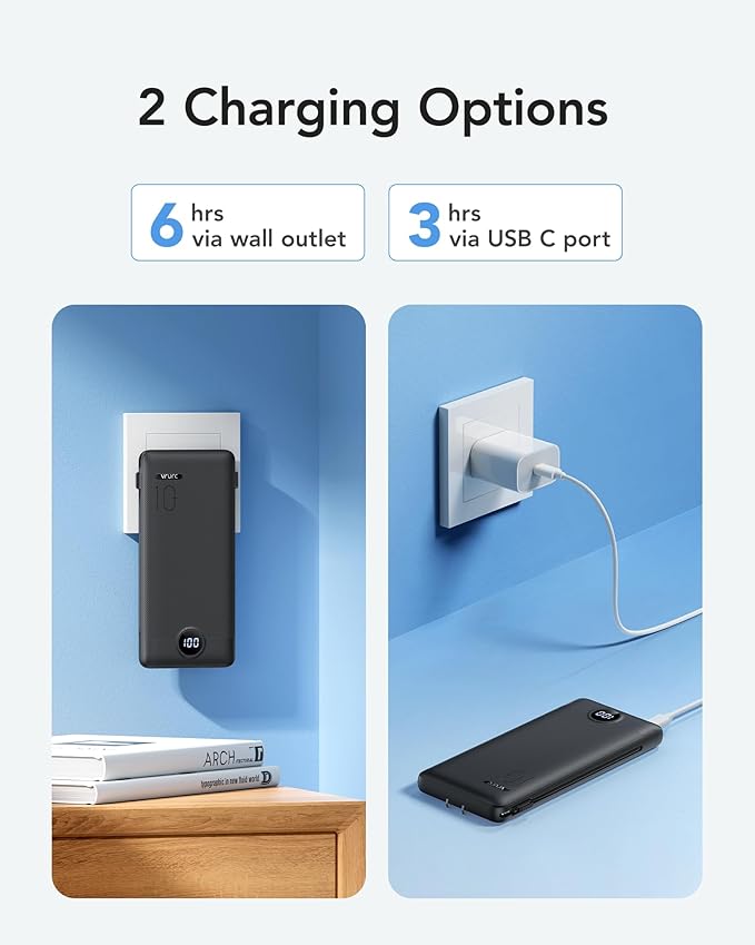 VRURC Portable Charger with Wall Plug, 10000mAh PD 20W Fast Charging Slim Portable Charger Built in Cables, Power Bank with Cords,USB C Portable Phone Charger Travel Accessories -Black(1 Pack)
