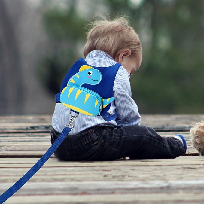 Accmor Toddler Harness with Leash, Cute Dinosaur Kids Harness + Anti Lost Wrist Link, Mini Child Harness Leash Wristband Strap Belt Protector for Baby Boys Girls to Outdoor Travel (Blue)