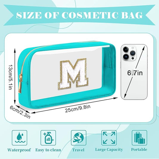Personalized Initial Letter Clear Makeup Bag,Preppy Small Nylon&PVC Cosmetic Zipper Bag with Chenille Letter,Portable Beach Travel Skincare Toiletry Bag,Trendy Monogram Gift for Teen Girls Women,M