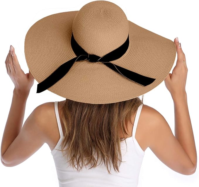 Lanzom Womens Wide Brim Straw Hat Big Floppy Foldable Roll up Cap Beach Sun Hat UPF 50+