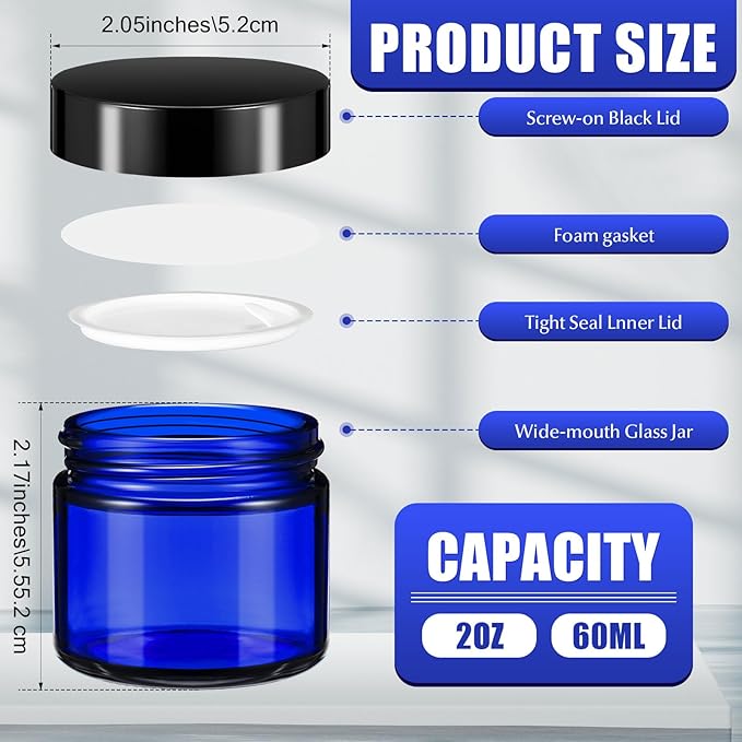 Domensi 32 Pcs 2 oz Glass Jars with Lids Travel Size Round Leakproof Empty Cosmetic Jars with Inner Liners Lid for Storing Makeup Lotions Face Cream Ointments Candle DIY Making (Royal Blue)