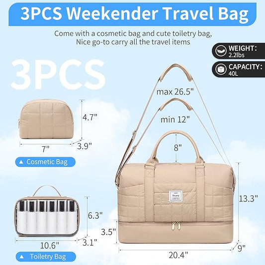 Weekender Bag, Large Travel Duffel Bag for Women, Carry on Overnight Bag with Shoe Compartment and Toiletry Bags