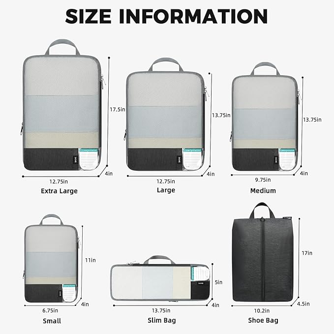 BAGAIL 6 Set/4 Set Lightweight Compression Packing Cubes with Packing List, Anti-Tearing Expandable Organizer Bags for Travel