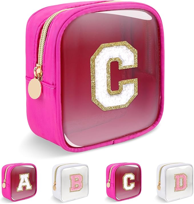 Personalized Initial Letter Clear Preppy Makeup Bag,Mini Nylon Chenille Letter Cosmetic Bag Cute Zipper Pouch Coin Purse for Teen Girls,Portable TSA Approved Travel Essentials Bag Gift for Women,C