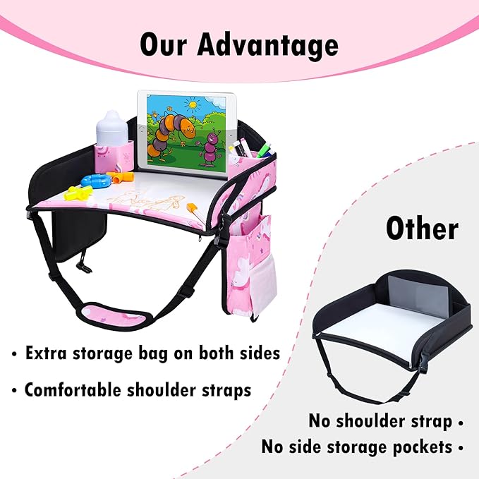 WENRENER 3PCS Kids Travel Tray for Airplane - Toddler Car Seat Table Tray, Road Trip Essentials for Boys & Girls, Carseat Lap Desk for Kids Road Trip Activities (Pink/Green-/Purple)