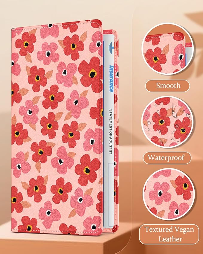 Slohif Car Registration and Insurance Card Holder - Floral Vehicle Glove Box Organizer Women with Magnetic Shut Leather Automobile License Holders Coasters Auto Accessories Case for Document