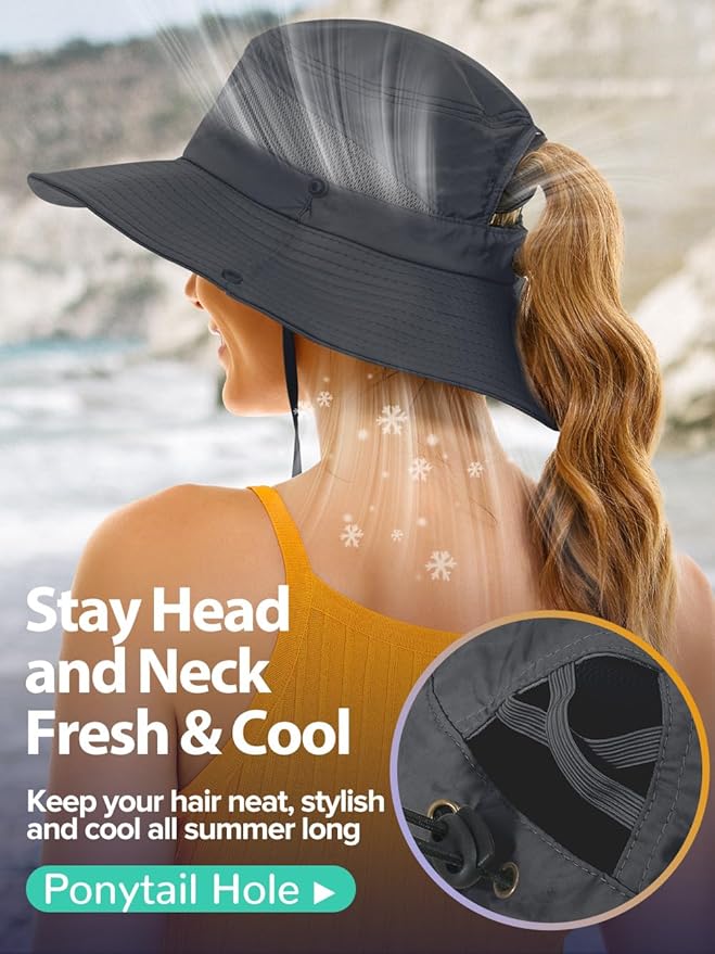 Sun Bucket Beach Hats for Women with Ponytail Hole,Sun Protection UV UPF50+ Waterproof Fishing Safari Hiking Hat