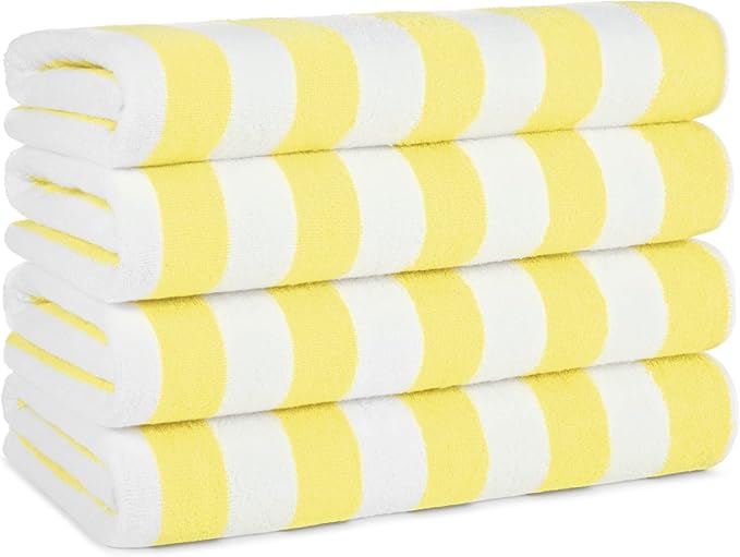 Arkwright California Cabana Stripe Beach Towel - Pack of 4, Large Soft Quick Dry Cotton Terry Towels Set for Pool, Swim, and Hot Tub, Oversized 30 x 70 in, Yellow