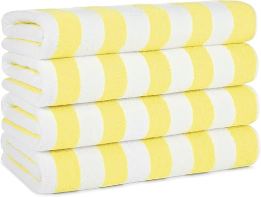 Arkwright California Cabana Stripe Beach Towel - Pack of 4, Large Soft Quick Dry Cotton Terry Towels Set for Pool, Swim, and Hot Tub, Oversized 30 x 70 in, Yellow